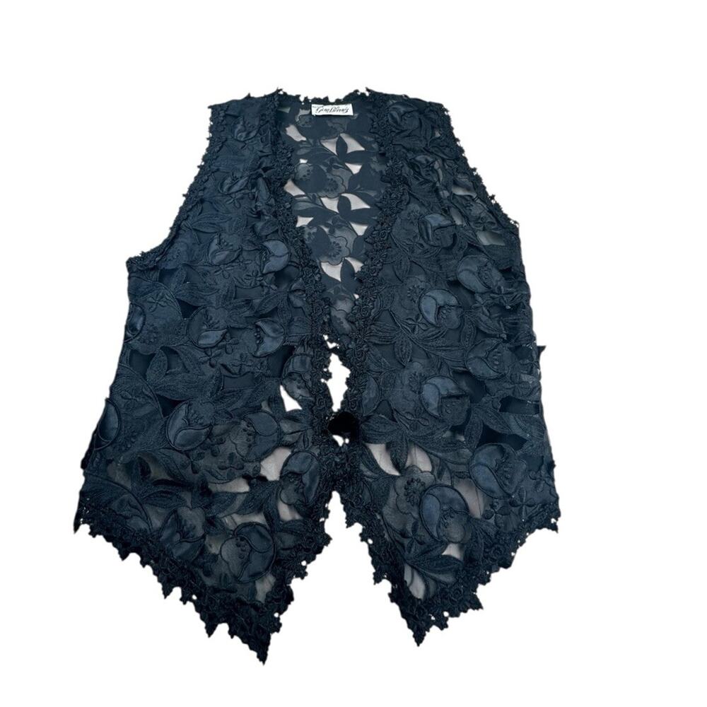 Gina Blamez Black Lace Appliqué Sheer Vest Y2K Goth Boho Size Large